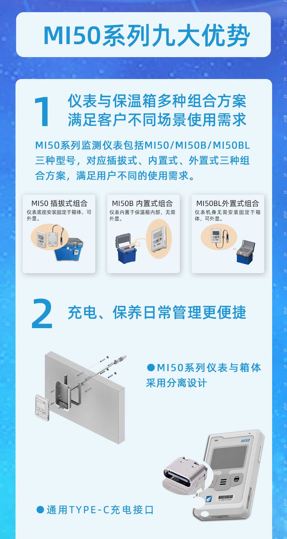 MI50系列溫度監(jiān)測(cè)儀表包括MI50/MI50B/MI50BL三種型號(hào)，對(duì)應(yīng)插拔式、內(nèi)置式、外置式三種組合方案，滿足用戶不同的使用需求。