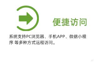 便攜訪問(wèn)：系統(tǒng)支持PC瀏覽器、手機(jī)APP、微信小程序 等多種方式遠(yuǎn)程訪問(wèn)。